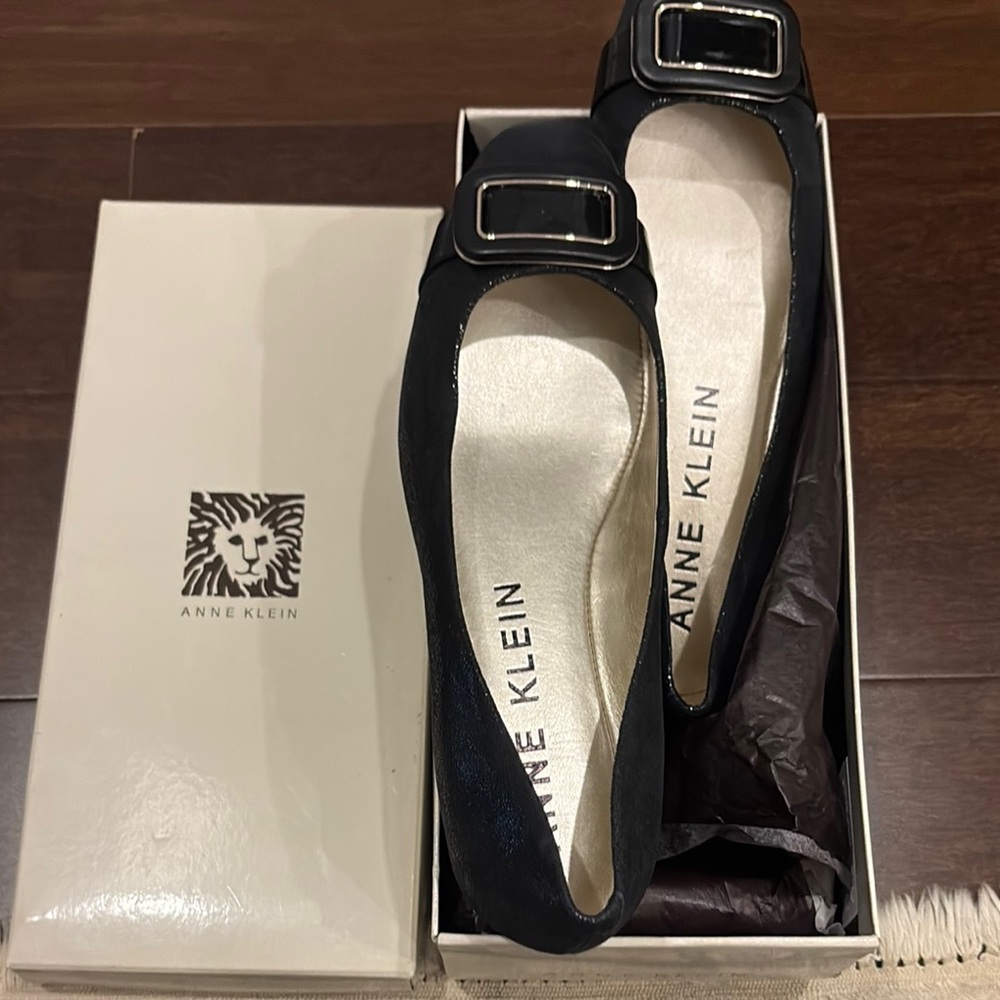 Anne Klein Black Flats with Silver Buckle